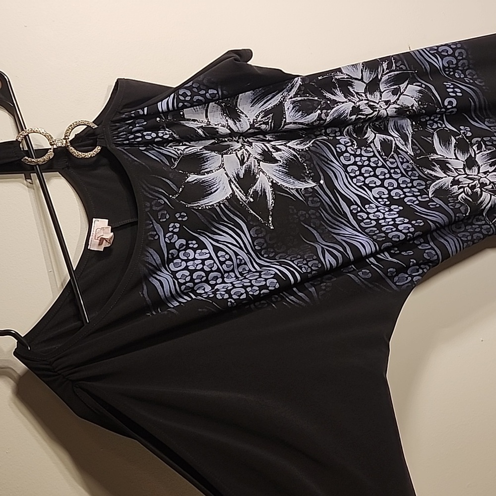 Black Dress Smoky blue and white print with glitter on the flowers